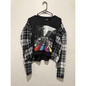 Reworked Upcycle Grunge Oversize Crop The Beatles Flannel Sweater L/XL